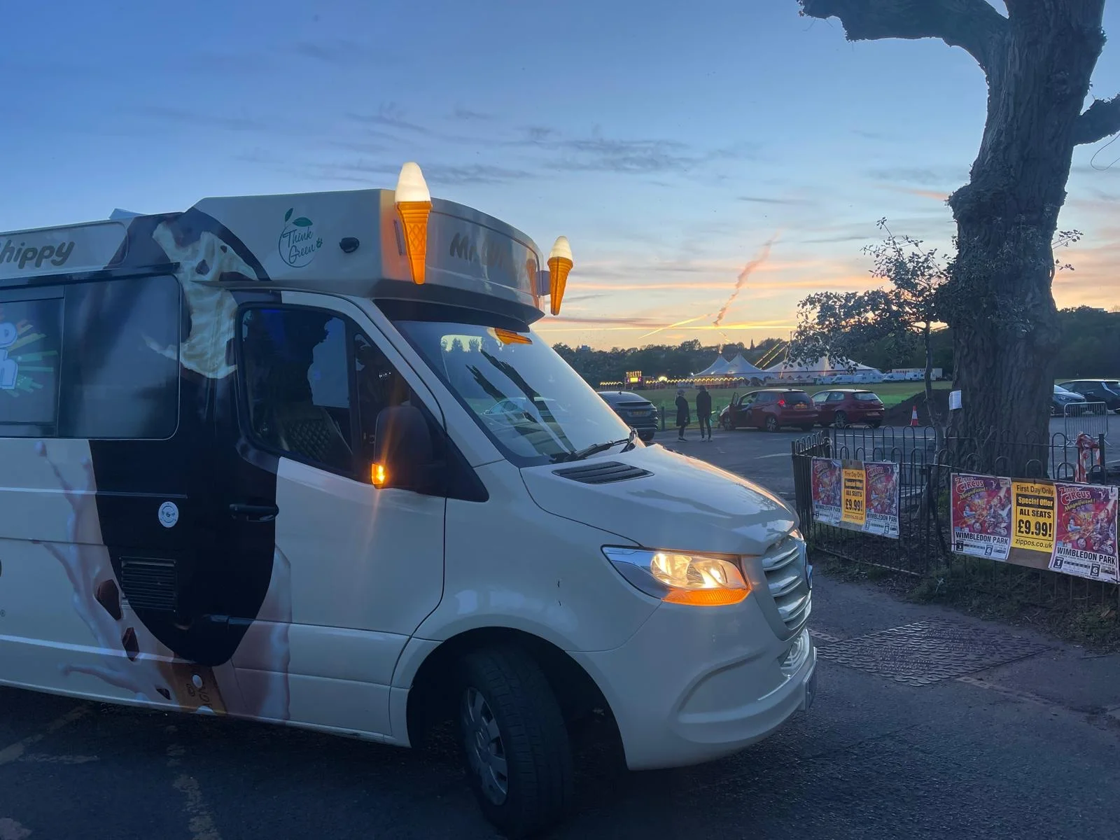 A Kreamy Delights ice cream van at dusk